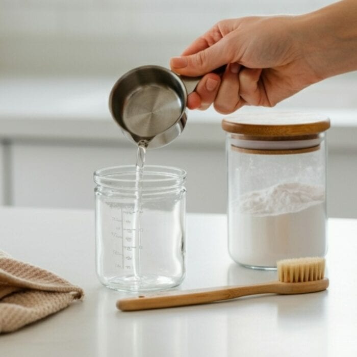 hand adding 1/4 cup Sal Suds to glass jar