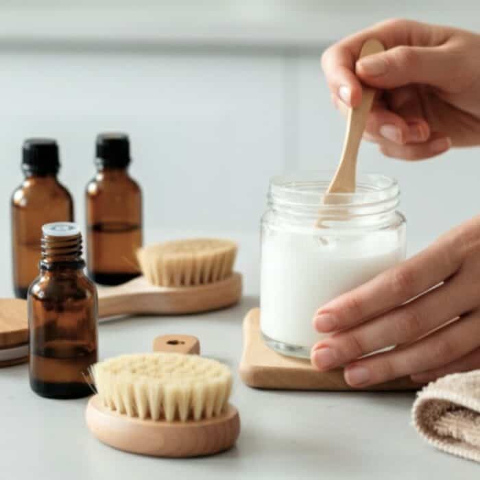 hand stirring homemade magic cleaning paste so all ingredients are mixed well. a few essential oil bottle and wooden scrub brushes are to the side