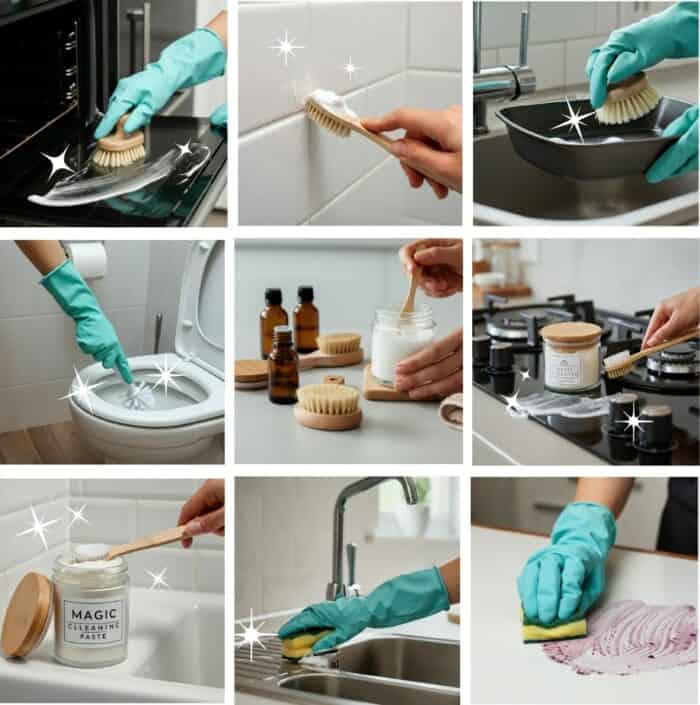 images showing how this homemade cleaning paste can be used to do a variety of things-- clean oven, grout, pans, toilet, stovetop, sink, and countertop