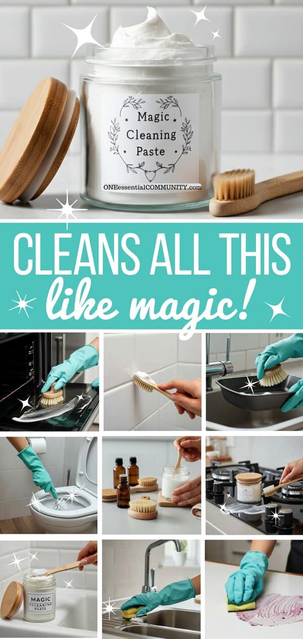 jar of homemade cleaning paste and photos showing some of the many ways this cleaner can be used- oven, grout, scrub pans, toilet, stovetop, tile, sinks, countertops