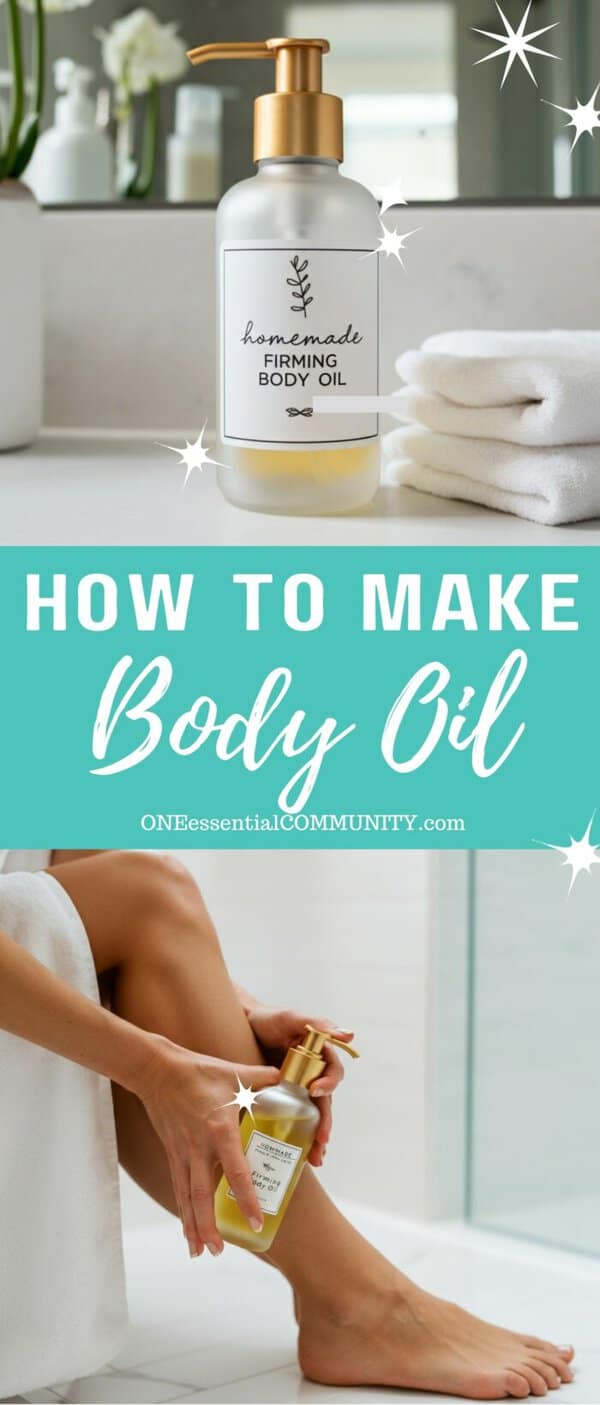 DIY Body Oil by OneEssentialCommunity.com -- made with essential oils -- frosted glass bottle with gold pump next to 2 folded white towels – woman holding body oil before she applies it to her legs