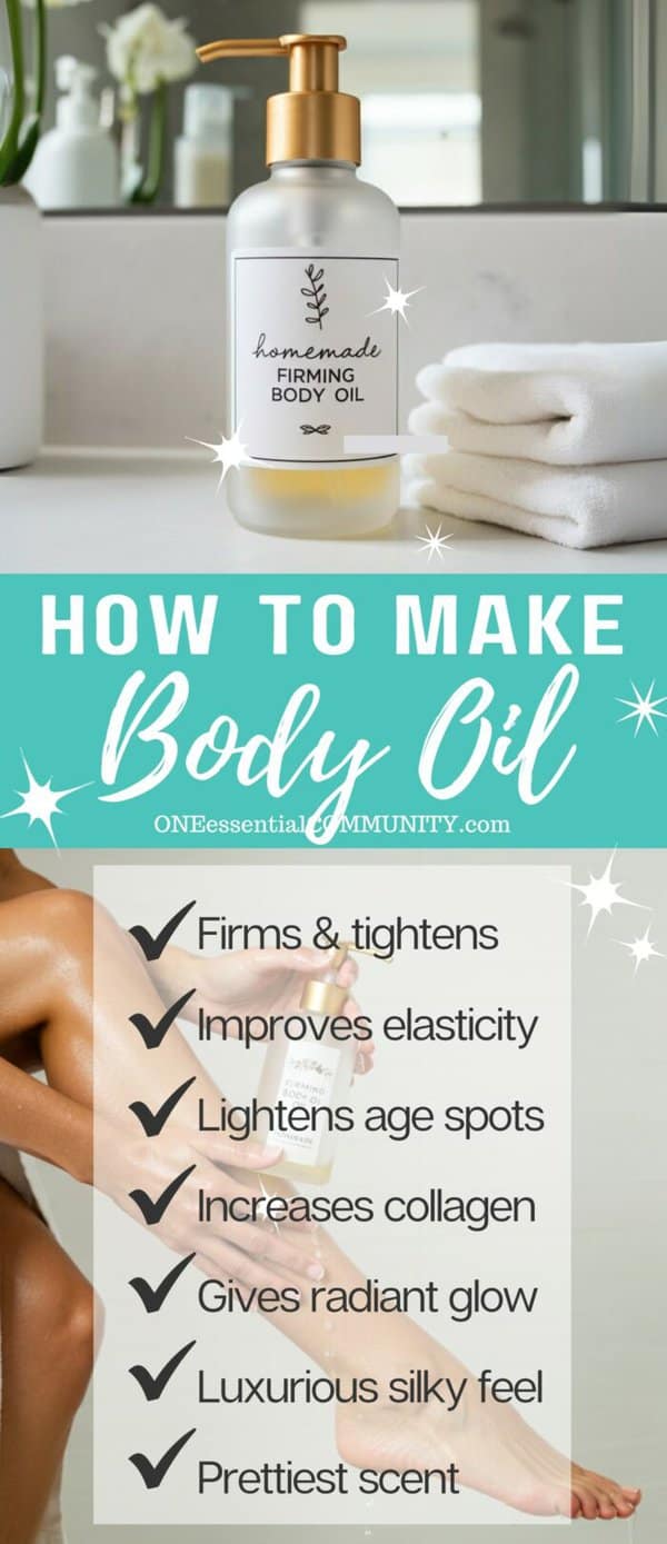 DIY Body Oil by OneEssentialCommunity.com -- made with essential oils -- frosted glass bottle with gold pump next to 2 folded white towels – benefits: Firms & tightens, Improves elasticity, Lightens age spots, Increases collagen, Gives radiant glow, Luxurious silky feel, & Prettiest scent