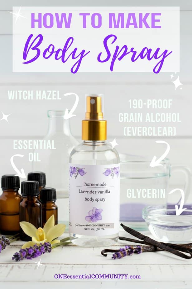 How to Make Body Spray by OneEssentialCommunity.com -- clear glass spray bottle with gold cap + ingredients in body spray (witch hazel, 190-proof grain alcohol (Everclear), essential oil, and glycerin