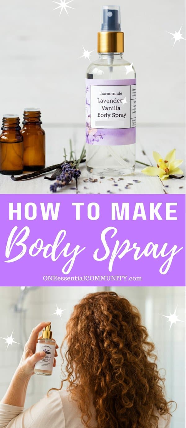 How to Make Body Spray by OneEssentialCommunity.com -- spray bottle with homemade lavender vanilla body spray and woman spritzing her neck with body spray
