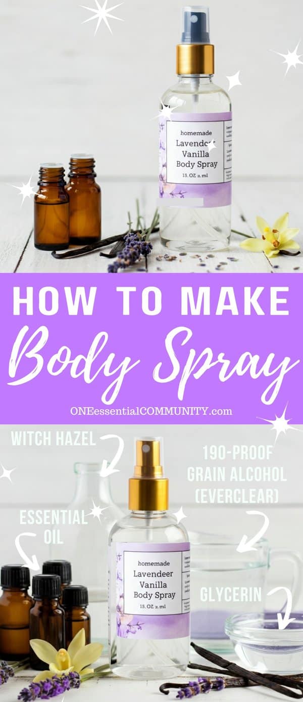 How to Make Body Spray by OneEssentialCommunity.com -- clear glass spray bottle with gold cap and ingredients to make homemade body spray-- with hazel, 190-proof grain alcohol, essential oil, and glycerin