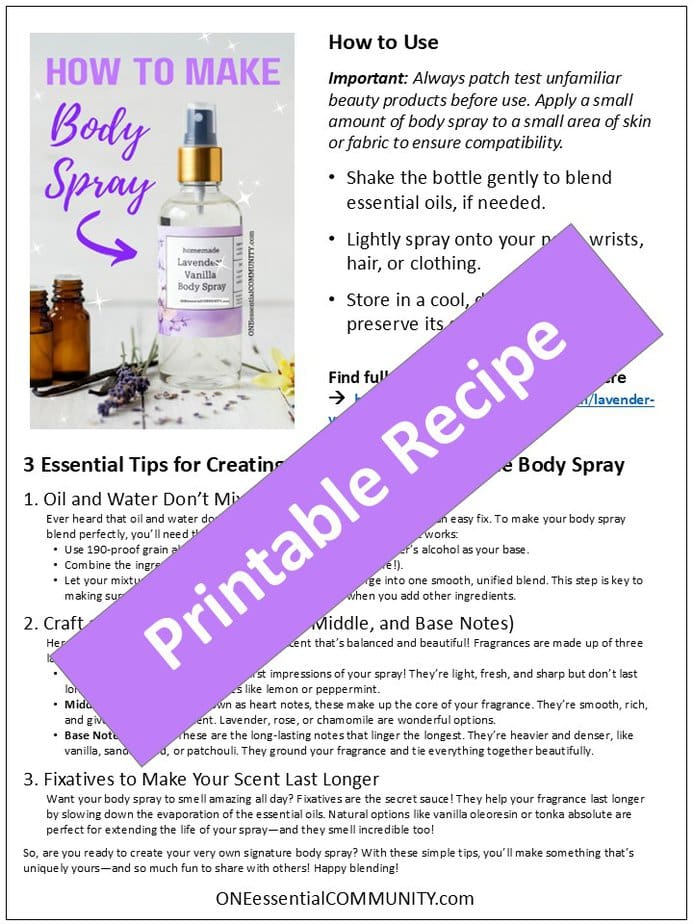 click image for free printable recipe for Lavender Vanilla Body Spray