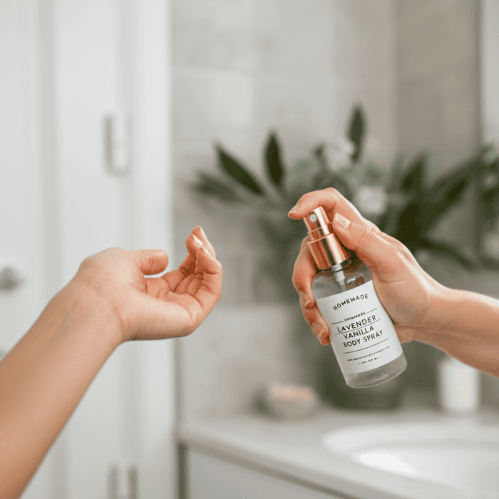 woman spritzing her wrist with homemade lavender vanilla body spray