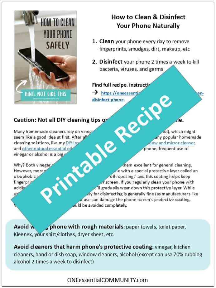 free printable guide to how to clean & disinfect your phone naturally by OneEssentialCommunity.com