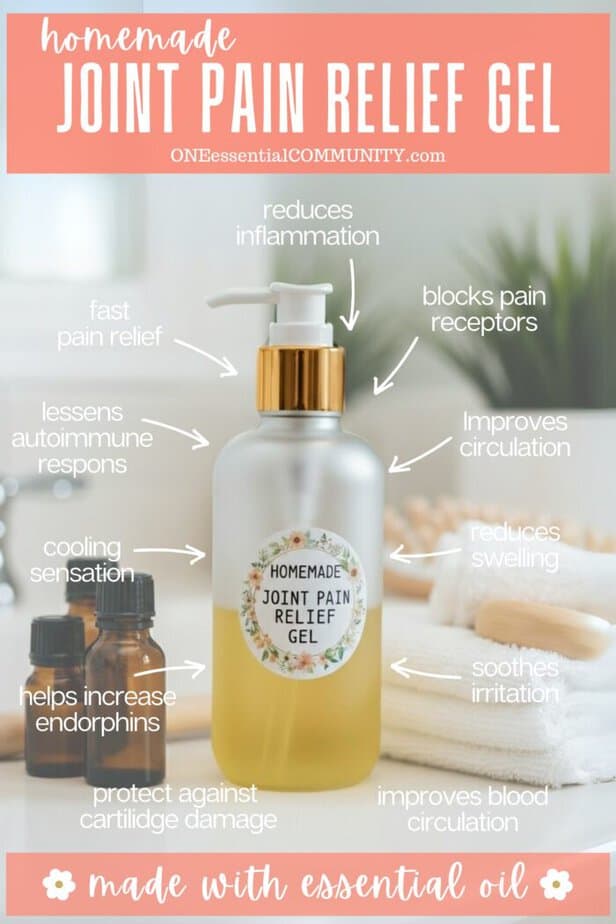 homemade joint pain relief gel by OneEssentialCommunity.com and made with essential oils -- frosted glass bottle of the pain relief gel next to essential oil bottles -- fast pain relief, reduces, inflammation, blocks pain receptors, improves circulation, reduces swelling, soothes irritation, improves blood circulation, protects against cartilage damage, helps increase endorphins, cooling sensation, lessens autoimmune response, fast pain relief