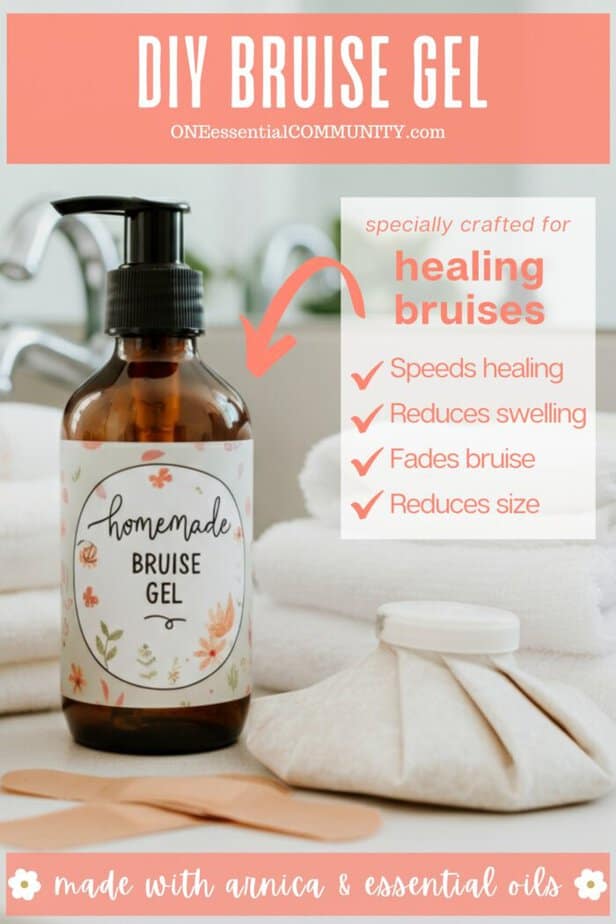 DIY Bruise Gel made with arnica & essential oils by oneessentialcommunity.com - specially crafted for healing bruises. It speeds healing, reduces swelling, fades bruise, and reduces size of bruise. photo of bottle of homemade Bruise Gel next to ice pack, bandaids, and a couple white washcloths.