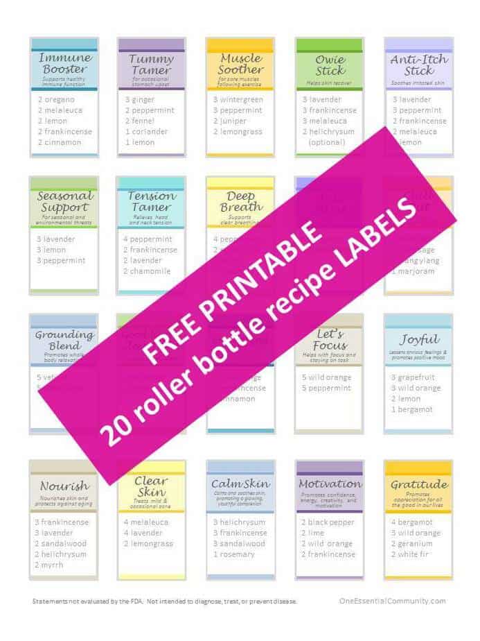 20 favorite rollerball blends & recipes with FREE printable labels! Includes Immune Booster, Tummy Tamer, Muscle Soother, Owie Stick, Anti-Itch Stick, Seasonal Support, Tension Tamer, Deep Breath, and more. Great for headaches, allergies, nausea, focus, sleep, anxiety, energy, congestion, colds, and more. {doTERRA, Young Living, roller bottle recipes, roller bottle blends, essential oil recipes, essential oil DIY, natural remedies}