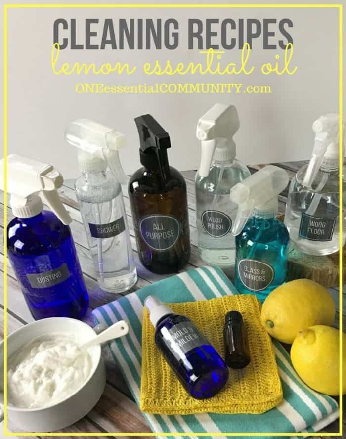 8 super simple (and effective) DIY recipes for cleaning with lemon essential oil (mold & mildew, soft scrub, daily shower spray, window & mirror cleaner, dusting spray, wood polish, all-purpose cleaner, and wood floor cleaner) PLUS a free PRINTABLE with all the recipes! #essentialoils #essentialoilrecipes #essentialoilcleaning #naturalcleaning #naturalDIY #essentialoilDIY #DIYcleaning