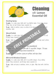 8 super simple (and effective) DIY recipes for cleaning with lemon essential oil (mold & mildew, soft scrub, daily shower spray, window & mirror cleaner, dusting spray, wood polish, all-purpose cleaner, and wood floor cleaner) PLUS a free PRINTABLE with all the recipes! #essentialoils #essentialoilrecipes #essentialoilcleaning #naturalcleaning #naturalDIY #essentialoilDIY #DIYcleaning