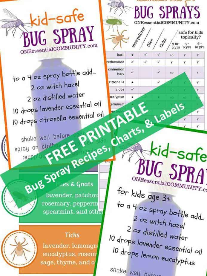 kid-safe and effective DIY bug spray recipes using essential oils-- includes FREE PRINTABLES for recipes, charts, and bottle labels!! 
