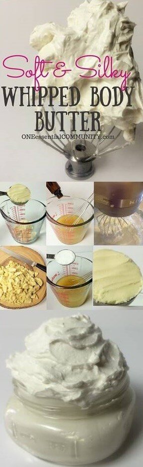 This is THE BEST whipped body butter recipe I've ever used! It's soft, silky, and extremely moisturizing-- and all without being overly greasy. {plus there are lots of recipes for essential oil blends you can add to customize the whipped body butter just how you want it} 