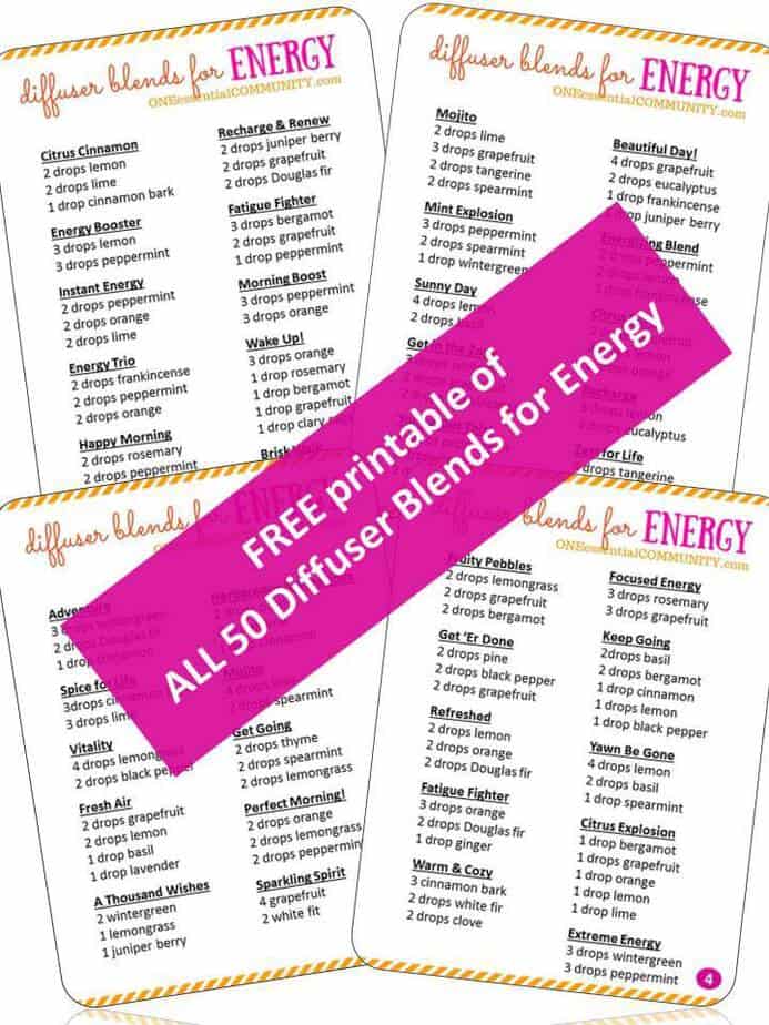 WOW! love this!! 50 essential oil diffuser blends for energy boost -- and there's even a FREE PRINTABLE of all the recipes