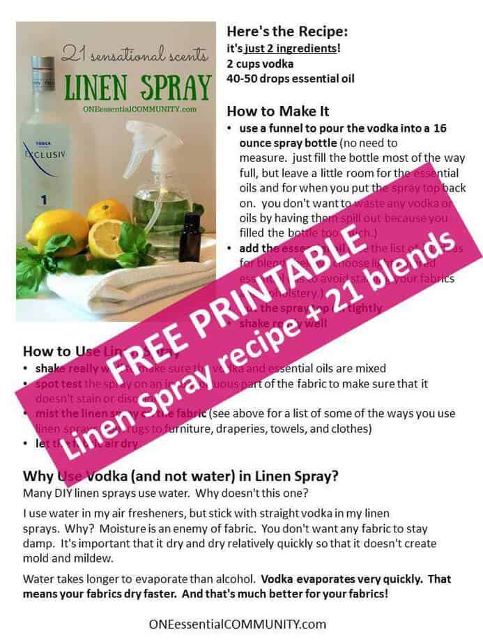 Love this! DIY linen sprays in 21 amazing scents {with FREE PRINTABLE of all the recipes} -- there are citrus ones, floral ones, calming blends, energizing recipes, bedtime pillow sprays, and more! Perfect way to freshen upholstered furniture, pillows, rugs, draperies, clothes, towels, sheets, and more!