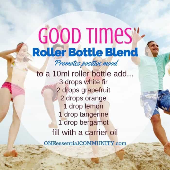 "good times' roller bottle blend promotes a positive mood-- LOVE this!! amazing find! there are tons of great roller bottle blends {and FREE super cute labels} for all kinds of emotions-- calm, focus, grounding, balance, gratitude, happy, energy, comfort, motivation, courage, confidence, cheer, creativity, and more!! 