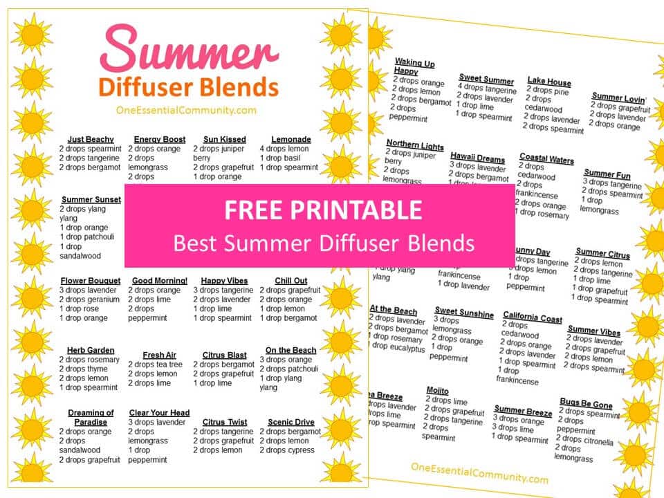Best Summer Esssential Oil Diffuser Blends with FREE PRINTABLE-- recipes that smell like the beach, lemonade, a summer hike, time at the lake, a chilled mojito, a sea breeze, and more!
