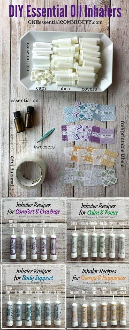 How to make essential oil inhaler plus 24 favorite inhaler recipes for allergies, headaches, cravings, stress, energy, focus, calming and more! And I LOVE the FREE printable labels! SO CUTE!! And FREE!