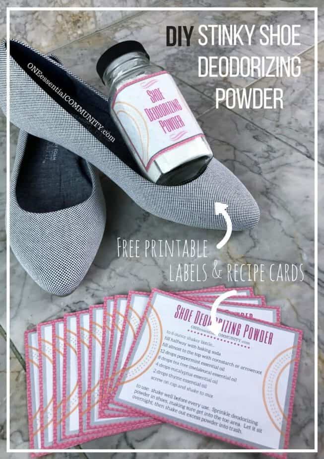 essential oils for stinky, smelly shoes -- Get rid of stinky shoes with easy, 3-ingredient natural solution. This DIY blend of essential oils eliminate even the most foul-smelling shoe odors. And there's even free printables for cute labels and recipe cards. Love it!