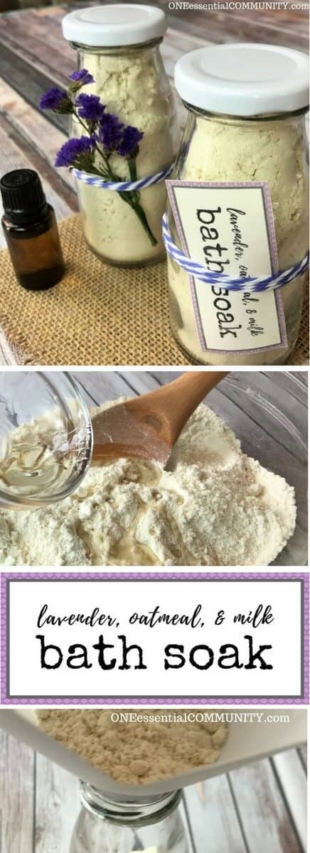 DIY oatmeal milk bath soothes dry, irritated skin plus it has the great calming aroma of lavender essential oil