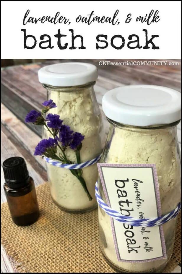 DIY oatmeal milk bath soothes dry, irritated skin plus it has the great calming aroma of lavender essential oil