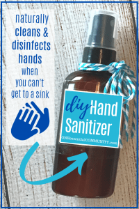 homemade hand sanitizer spray naturally cleans and disinfects hands when you can't get to a sink. Made with antiviral and antibacterial essential oils plus aloe vera, glycerin, and carrier oil for moisturizing and protecting hands, and alcohol as recommended by CDC for disinfecting and killing viruses and other germs. {essential oil recipe, DIY hand sanitizer, doTERRA, Young Living, Plant Therapy}