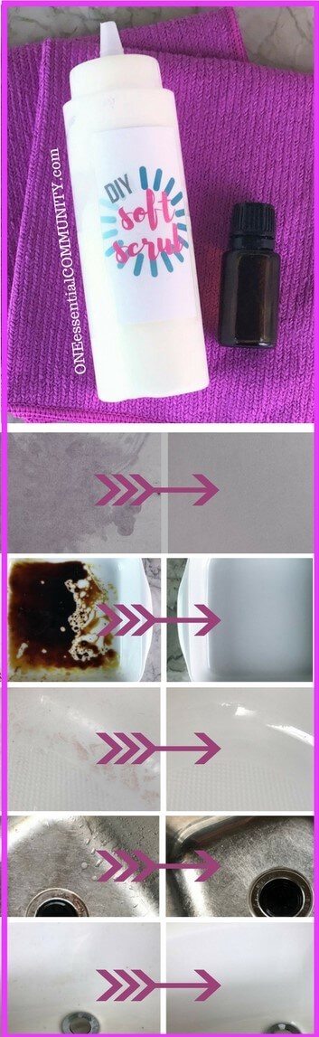 DIY Soft Scrub Recipe with Essential Oils - Great for cutting through soap scum, erasing stains, restoring shine to sinks, disinfecting ...