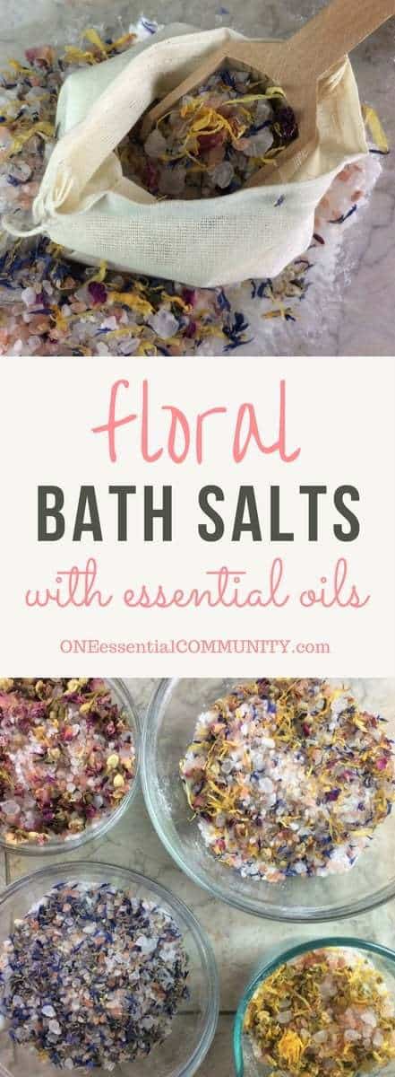DIY floral bath salts -- a great source of minerals and trace elements, and help remove toxins from your skin. Plus depending on the essential oils you choose to use, they can help calm, improve sleep, reduce inflammation, ease achy muscles, lessen anxious feelings, improve circulation, and soothe dry, irritated skin. doTERRA, Young Living, essential oil bath salts, DIY salt salts, essential oil recipe