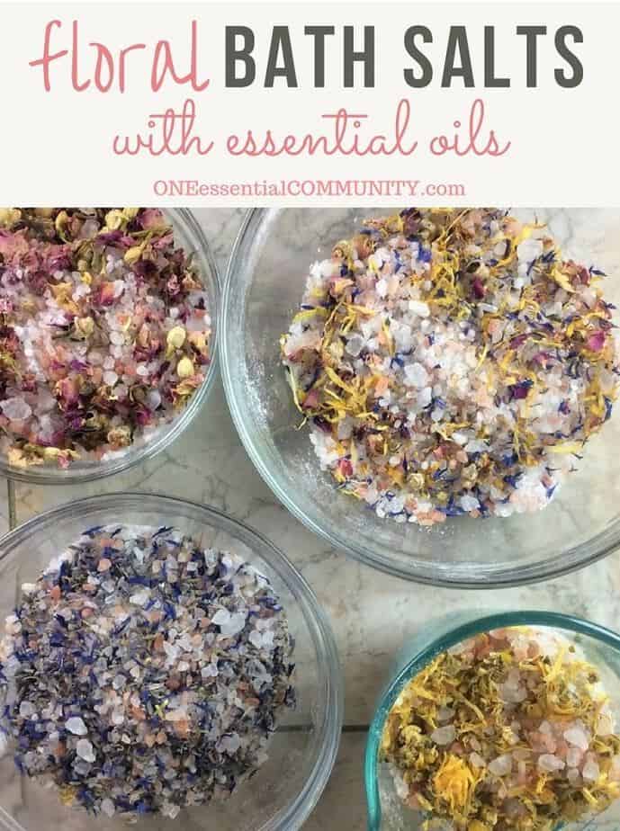 DIY floral bath salts -- a great source of minerals and trace elements, and help remove toxins from your skin. Plus depending on the essential oils you choose to use, they can help calm, improve sleep, reduce inflammation, ease achy muscles, lessen anxious feelings, improve circulation, and soothe dry, irritated skin. doTERRA, Young Living, essential oil bath salts, DIY salt salts, essential oil recipe