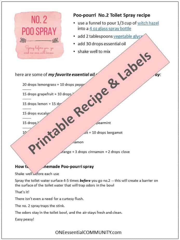 DIY "Before You Go" Poo-Pourri No. 2 Toilet Spray -- natural, cheap, and easy to make, but best of all - it really works! Give the toilet bowl a few quick sprays before you go and the odors will be trapped discreetly inside the toilet bowl and flushed away.  Simple to make with only 2 ingredients plus essential oils. 8 scents - floral to citrus, warm fall scents and holiday aromas. #essentialoils #essentialoilrecipes #homemadepoopourri #essentialoilsprays #DIYpoopourri #easyDIY