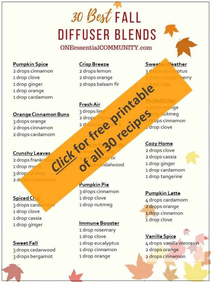 30 best FALL essential oil diffuser blend recipes by ONEessentialCOMMUNITY.com - click for free printable of all 30 recipes