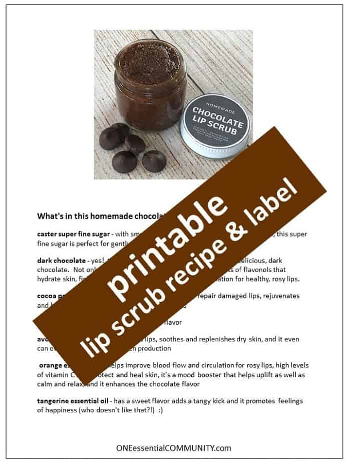 homemade chocolate lip scrub recipe with essential oils -- divine combination of chocolate & orange that's both hydrating and gently exfoliating, leaving you with soft, smooth, healthy lips. #essentialoils #essentialoilrecipes #lipscrub #sugarscrub #chocolatelipscrub #naturalDIY #naturalbeauty #lipscrubrecipes #essentialoilDIY #essentialoilGIFTS #DIYgifts #easyDIY