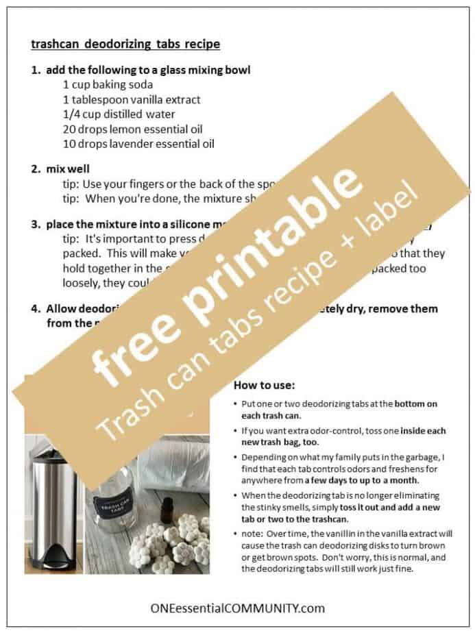 Freshen and eliminate trash can odors naturally with these easy-to-make homemade essential oil trashcan deodorizing tabs. {no more stinky, smelly trash cans, garbage cans, wastebaskets} essential oil trash can odor recipe #essentialoils #essentialoilrecipes #essentialoilDIY #stinkytrash #deodorizingtabs #essentialoilcleaning #naturaldeodorizer