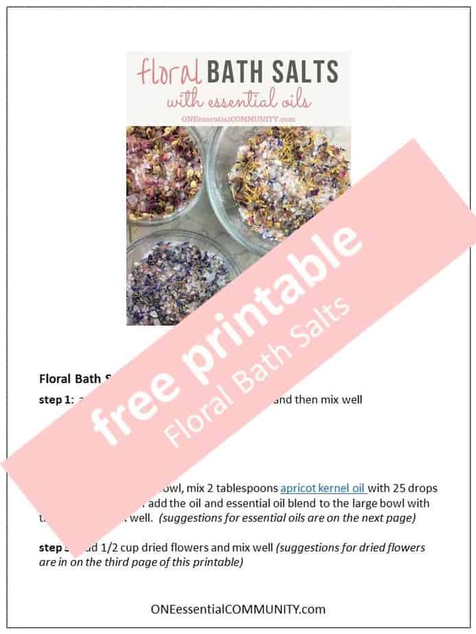 DIY floral bath salts -- a great source of minerals and trace elements, and help remove toxins from your skin. Plus depending on the essential oils you choose to use, they can help calm, improve sleep, reduce inflammation, ease achy muscles, lessen anxious feelings, improve circulation, and soothe dry, irritated skin. #essentialoils #essentialoilrecipes #bathsalts #naturalDIY #naturalbeauty #essentialoilDIY #essentialoilgifts #DIYgifts