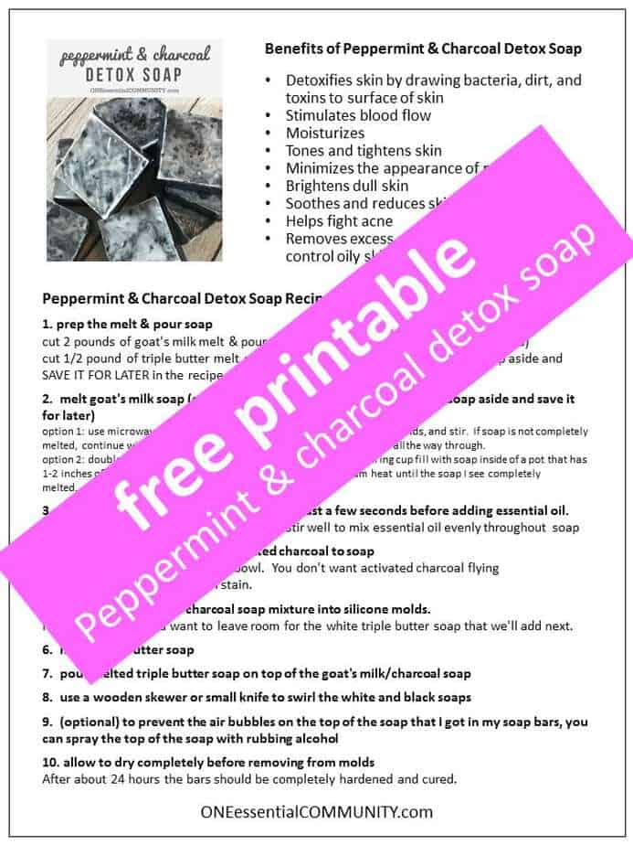 Easy DIY peppermint & charcoal detox soap recipe with peppermint essential oil. Helps increase circulation, unclogs pores, remove impurities, fight acne, and improve the health of your skin. {essential oils for skin, acne, faces, tightening, skincare, Young Living, doTERRA, activated charcoal, melt and pour soap} #essentialoils #essentialoilrecipes #essentialoilDIY #naturalDIY #essentialoilsoap #charcoalsoap #facesoap #charcoalfacesoap #peppermintessentialoil #homemadesoap