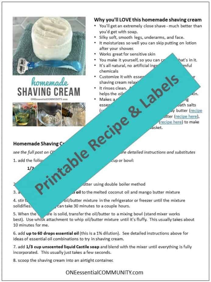 homemade shaving cream with essential oils - It's naturally rich and creamy, making legs and underarms silky smooth. With built-in moisturizers, skin is soft, smooth, and perfectly moisturized. Great for sensitive skin. Includes several recipes for essential oils to customize - relaxing, uplifting, energizing, and more #homemadeshavingcream #diyshavingcream #essentialoilrecipes #DIYrecipes #DIYbeauty #naturalbeauty #essentialoil