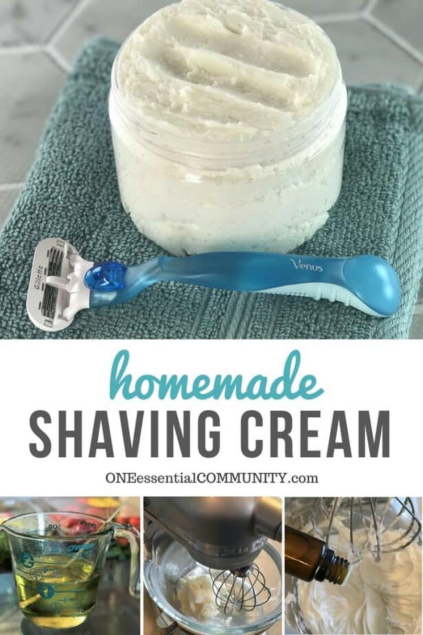 homemade shaving cream with essential oils - It's naturally rich and creamy, making legs and underarms silky smooth. With built-in moisturizers, skin is soft, smooth, and perfectly moisturized. Great for sensitive skin. Includes several recipes for essential oils to customize - relaxing, uplifting, energizing, and more #homemadeshavingcream #diyshavingcream #essentialoilrecipes #DIYrecipes #DIYbeauty #naturalbeauty #essentialoil doTERRA, Young Living, essential oil recipe
