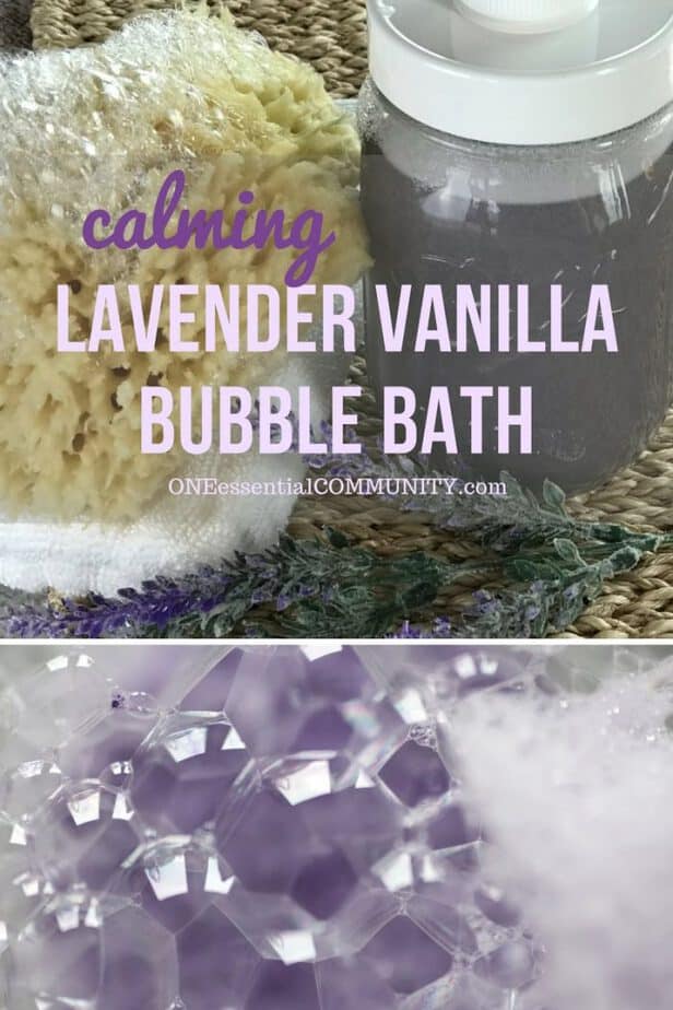 DIY lavender vanilla bubble bath recipe - vanilla oleoresin and lavender essential oil combine to make a warm floral scent that helps you relax, unwind, and let go. After soaking in a tub of this calming lavender vanilla bubble bath, get a great night's sleep. #essentialoils #essentialoilrecipes #naturalbeauty #DIYrecipes #yleo Young Living #doterra #essentialoiluses lavender essential oil, lavender bubble bath, diy bubble bath, essential oil bubble bath