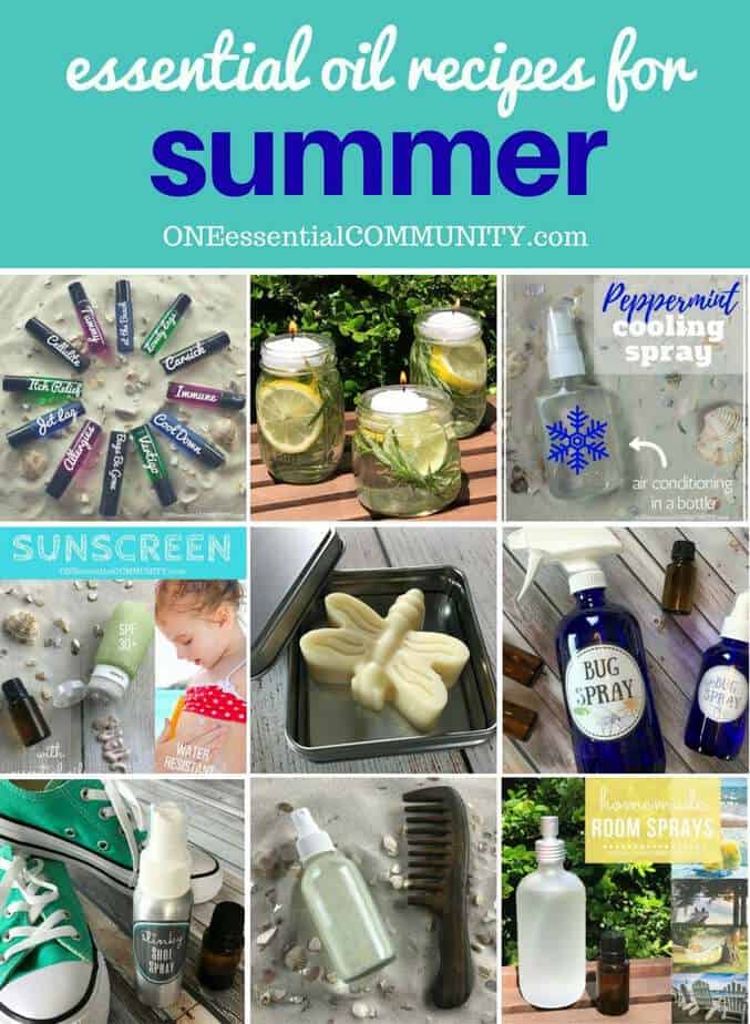 40 favorite essential oil recipes for summer - homemade sunscreen, after-sun spray, cooling spray, DIY deodorant, diffuser blends, summer room sprays, rollerball recipes, bug spray, essential oils for travel, and more. Lots of easy summer essential oil recipes with step-by-step instructions and free printables. #essentialoilrecipes #essentialoilDIY #essentialoildiffuser #essentialoiluses #essentialoils #DIYbeauty #naturalremedies doTERRA, Young Living