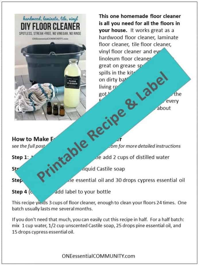 homemade floor cleaner for all your floors - hardwood, laminate, tile, linoleum, and vinyl. 3 ingredient recipe for spotless, streak-free, sparkly, shiny floors. No vinegar, no rinse, non-toxic. {essential oil cleaner, DIY cleaner, essential oil recipes, hardwood floor cleaner, essential oil floor cleaner, tile floor cleaner, laminate floor cleaner)