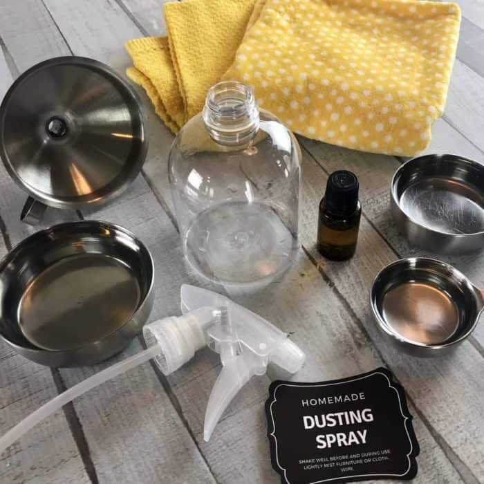 DIY dusting spray with essential oils- cleans and repels dust so you clean less often. Plus it moisturizes, nourishes, and protect wood. It's like a combined dusting spray and wood polish. {free printable label, essential oil recipe, essential oil cleaning, homemade dusting spray, essential oil spray}, natural cleaning} #essentialoilrecipes #DIYessentialoil #naturalcleaning