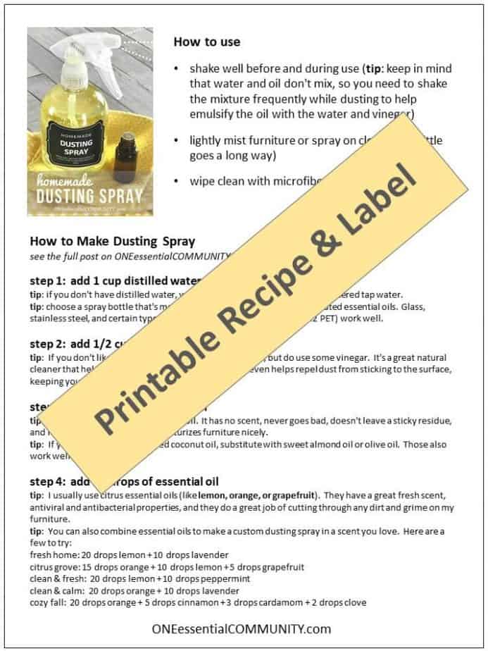 DIY dusting spray with essential oils- cleans and repels dust so you clean less often. Plus it moisturizes, nourishes, and protect wood. It's like a combined dusting spray and wood polish. {free printable label, essential oil recipe, essential oil cleaning, homemade dusting spray, essential oil spray}, natural cleaning} #essentialoilrecipes #DIYessentialoil #naturalcleaning
