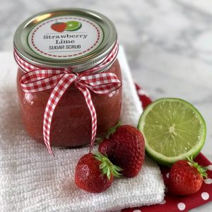 What's better than soft, smooth, exfoliated skin? Soft, smooth, exfoliated skin that smells like fresh-picked strawberries! Homemade strawberry lime sugar scrub recipe {with essential oils} Essential oil recipe, essential oil DIY, homemade sugar scrub, natural beauty recipe, essential oil sugar scrub, essential oil gifts, doTERRA, Young Living, DIY gifts
