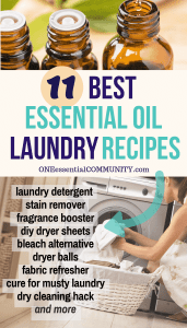 11 Best Essential Oil Recipes for Laundry- DIY liquid laundry detergent, natural fragrance booster, homemade fabric softener, dry cleaning hack, dryer balls, homemade dryer sheets, natural bleach alternative, stain remover, cure for musty laundry, and more! essential oil cleaning recipes #DIY #naturalcleaning #essentialoils #doTERRA #youngliving #yl #essentialoilrecipes