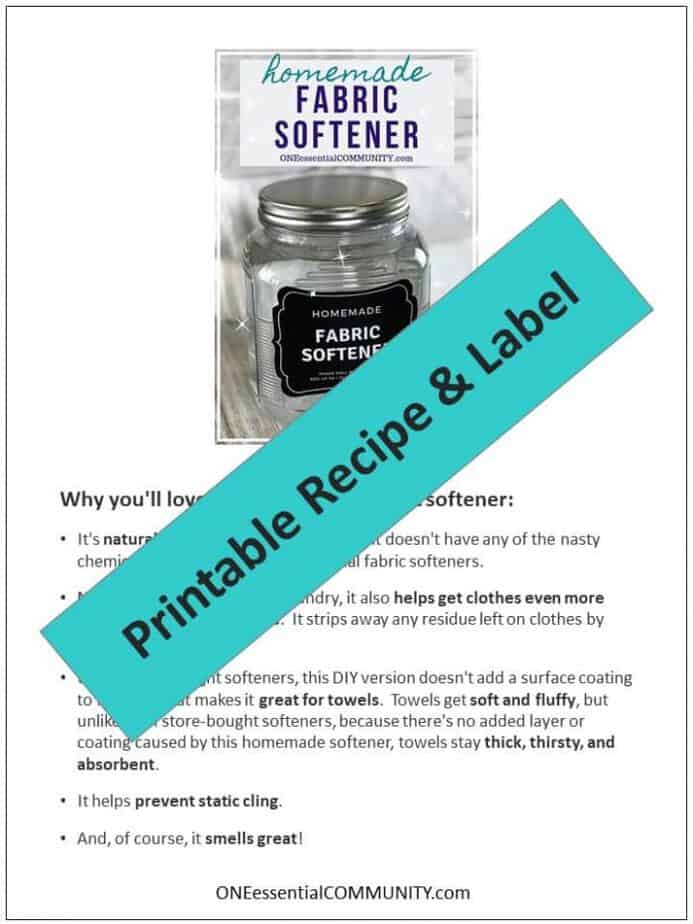 homemade fabric softener recipe made with essential oils- free printable label- This easy 2-ingredient natural, non-toxic homemade fabric softener is better than store-bought versions. It's cheap, easy to make, gets clothes cleaner than detergent alone, makes towels soft, fluffy & absorbent, helps prevent static cling and smells great! #essentialoils #doterra #yl #youngliving #diy #natural #printable #freeprintable -- essential oil recipe, natural cleaning