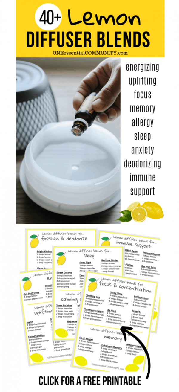 free printable with 40+ lemon essential oil diffuser blend recipes organized by lemon's therapeutic benefits: energy, uplifting, focus, memory, immune, allergies, sleep, anxiety, and deodorizing. And if you're missing an essential oil that's in a diffuser blend, don't worry. There's a list of substitute oils that also blend well with lemon. {essential oil recipes, diffuser blends, lemon essential oil uses, doTERRA, Young Living, Plant Therapy, natural remedies, DIY recipes, natural DIY}