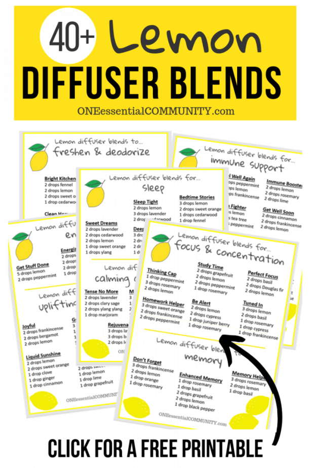 free printable with 40+ lemon essential oil diffuser blend recipes organized by lemon's therapeutic benefits: energy, uplifting, focus, memory, immune, allergies, sleep, anxiety, and deodorizing. And if you're missing an essential oil that's in a diffuser blend, don't worry. There's a list of substitute oils that also blend well with lemon. {essential oil recipes, diffuser blends, lemon essential oil uses, doTERRA, Young Living, Plant Therapy, natural remedies, DIY recipes, natural DIY}