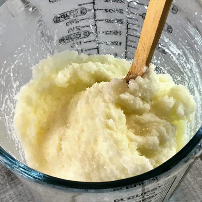Thickened mixture of salts, avocado butter, and coconut oil for Copycat Lush Ocean Salt scrub recipe made with essential oils